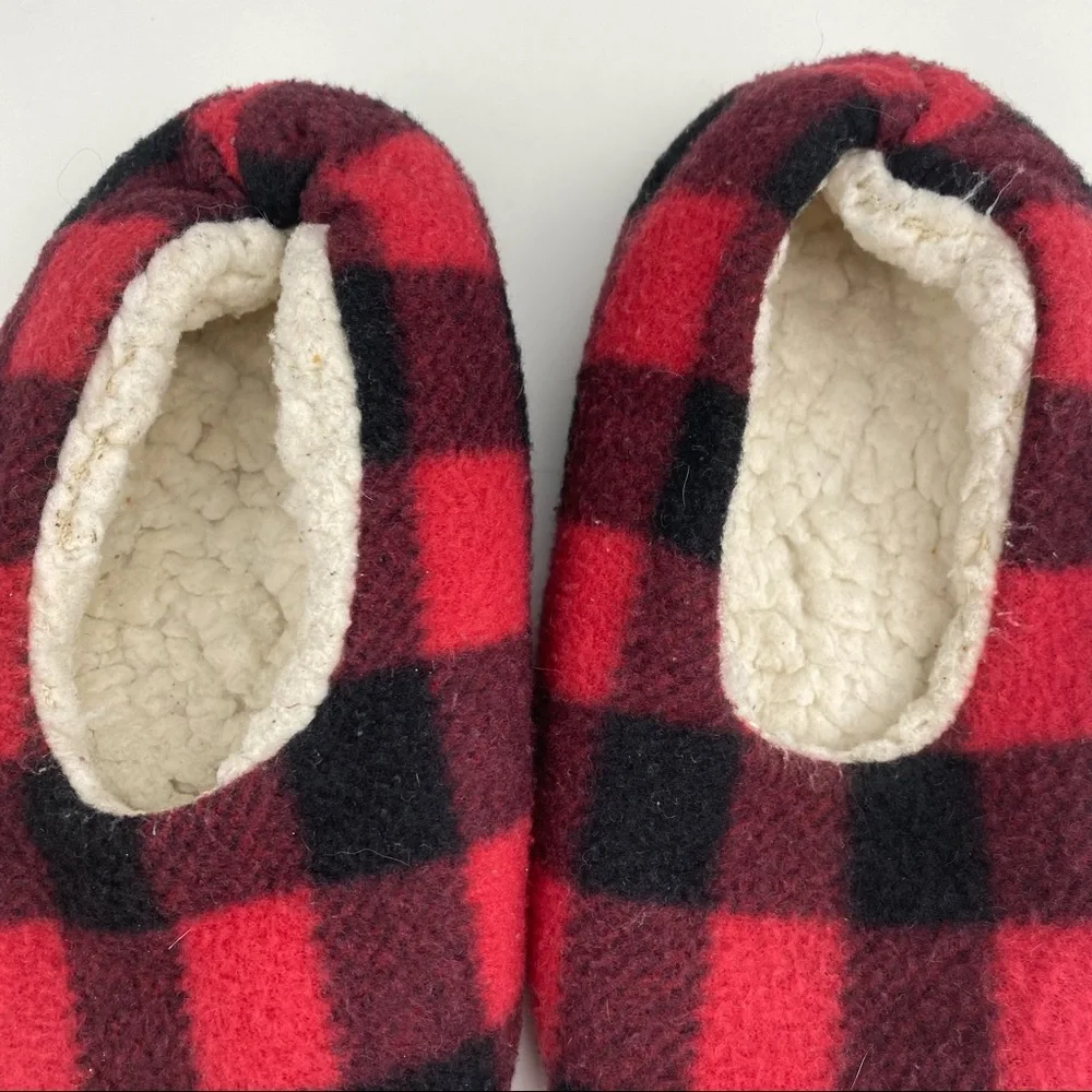 Buffalo Check Plaid Flannel Slippers Sherpa-Lined Rubber Grip Bottom House Shoe